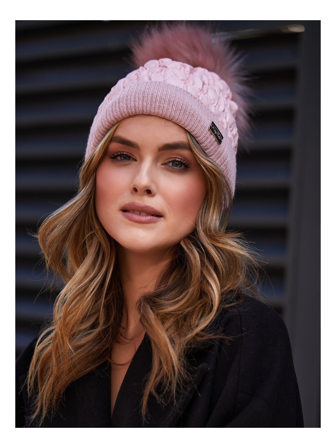 Winter cotton hat with a pompom, pink C31 - Online store - Boutique